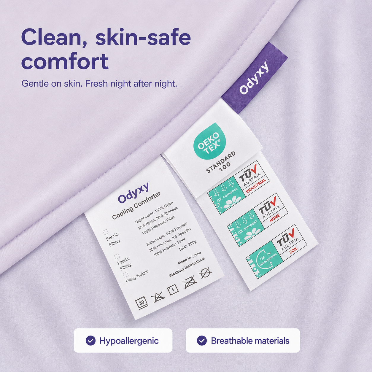 Odyxy product label showing OEKO-TEX Standard 100 certification and material composition