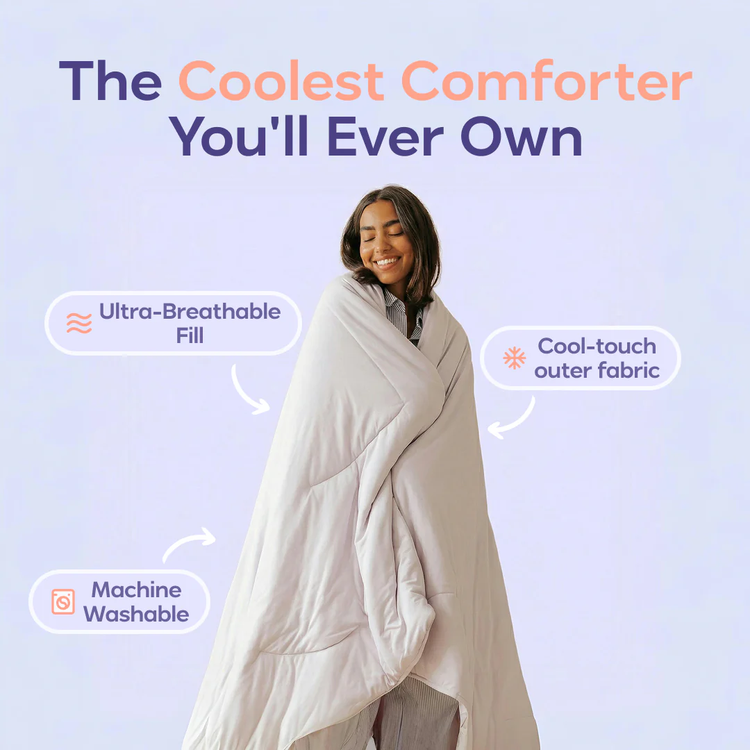 Woman wrapped in the Cooling Comforter showing the ultra-breathable fill and cool-touch outer fabric