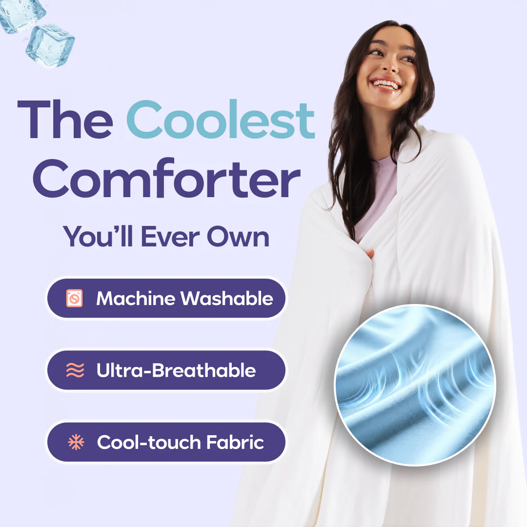 Odyxy Cooling Comforter feature overview: machine washable, ultra-breathable, cool-touch fabric